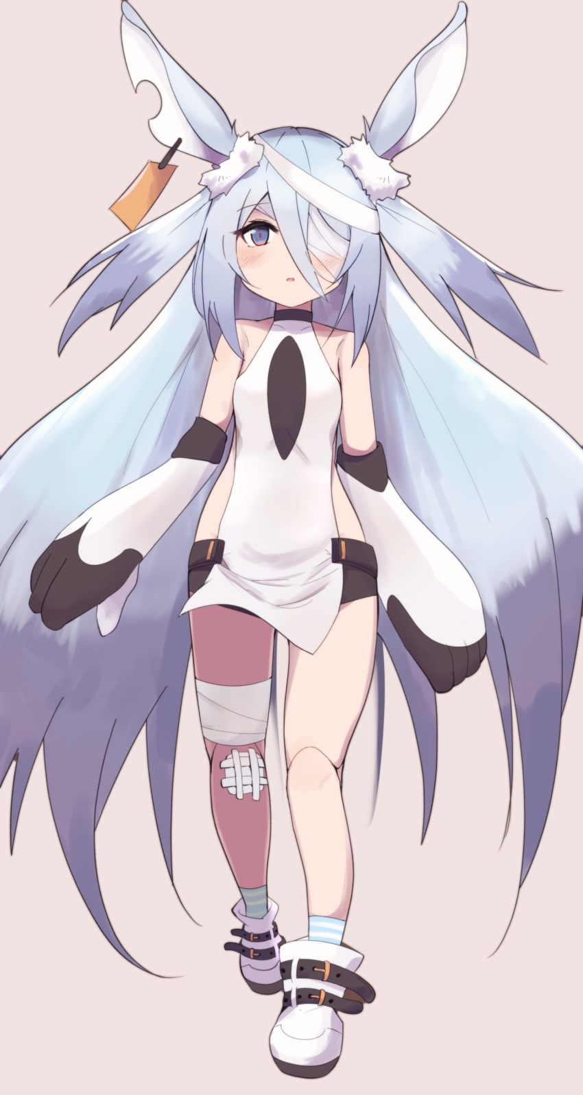 1girl, absurdres, animal_ears, bandage_over_one_eye, bandaged_leg, bandages, bike_shorts, black_shorts, blue_eyes, boots, doll_joints, ear_tag, elbow_gloves, full_body, gloves, highres, joints, koshian_(taiyaki), legs, little_witch_nobeta, long_hair, monica_(little_witch_nobeta), pink_background, rabbit_ears, short_shorts, shorts, silver_hair, simple_background, socks, solo, striped_footwear, tabard, thighs, two_side_up, very_long_hair, walking, white_footwear, white_gloves, white_tabard