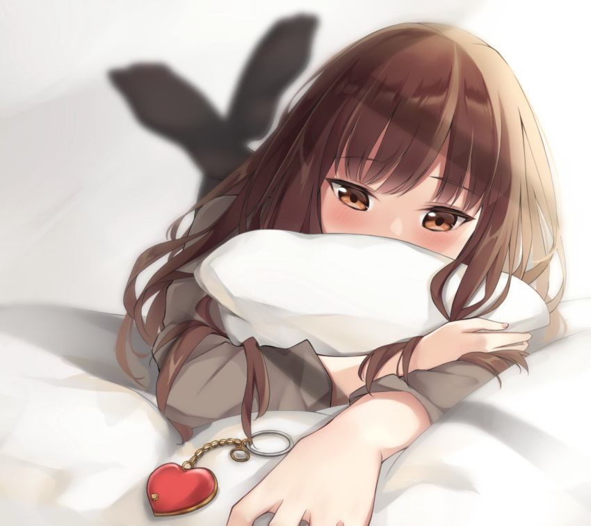 1boy, bangs, bed_sheet, black_legwear, blurry, blurry_background, blush, brown_eyes