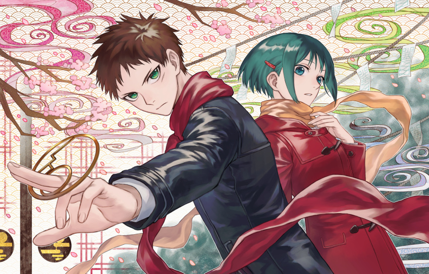 1boy, 1girl, 1hara_nobu, black_coat, blue_eyes, brown_hair, coat, green_eyes