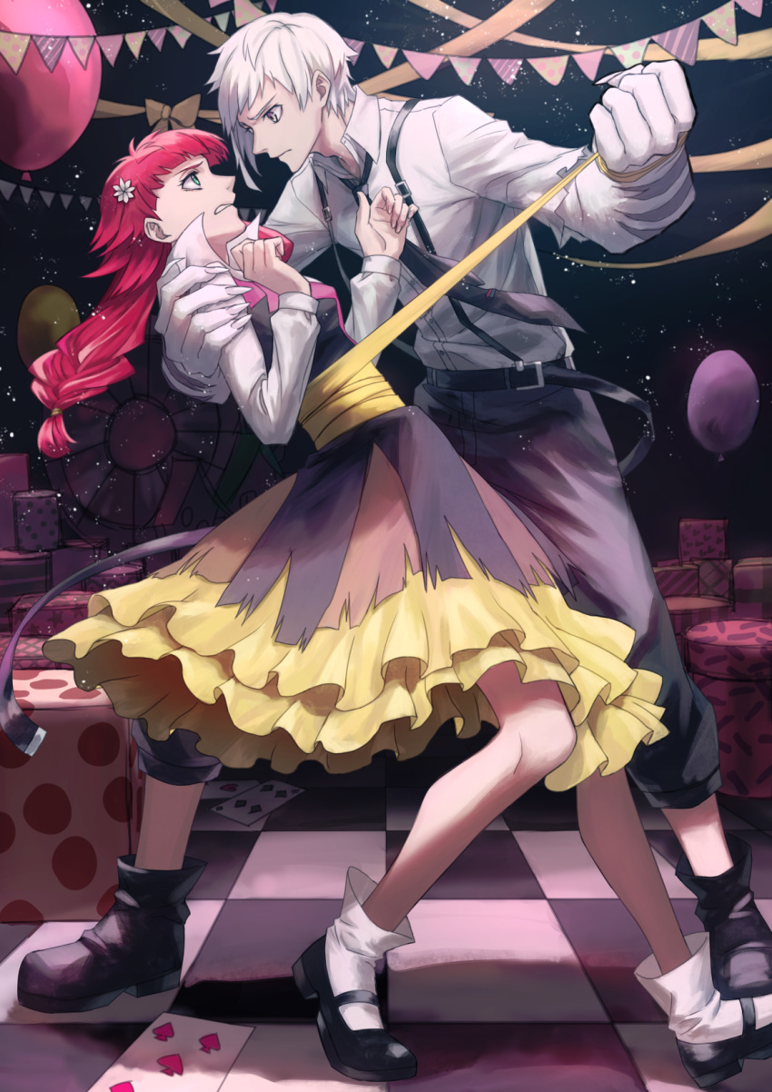 1boy, 1girl, 1hara_nobu, balloon, braid, bungou_stray_dogs, claws, dress