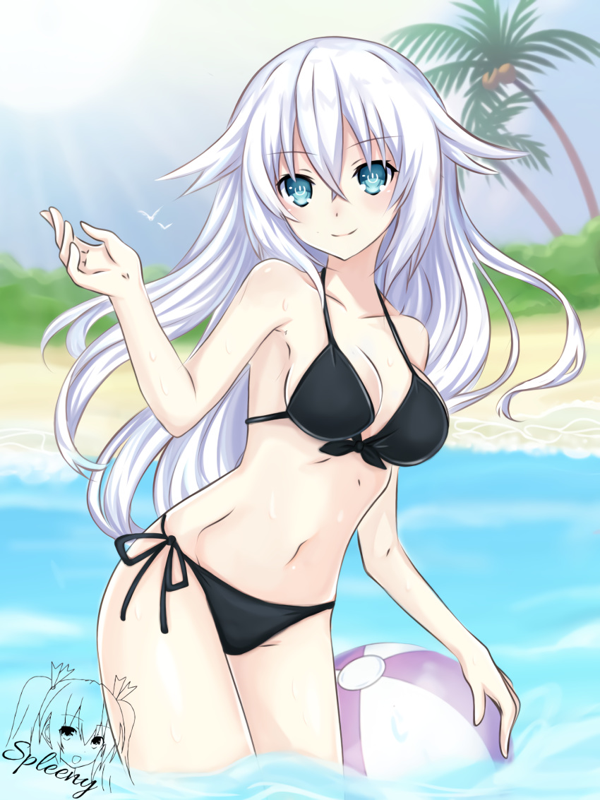 1girl, aqua_eyes, ball, bare_arms, bare_shoulders, bikini, black_bikini, black_heart