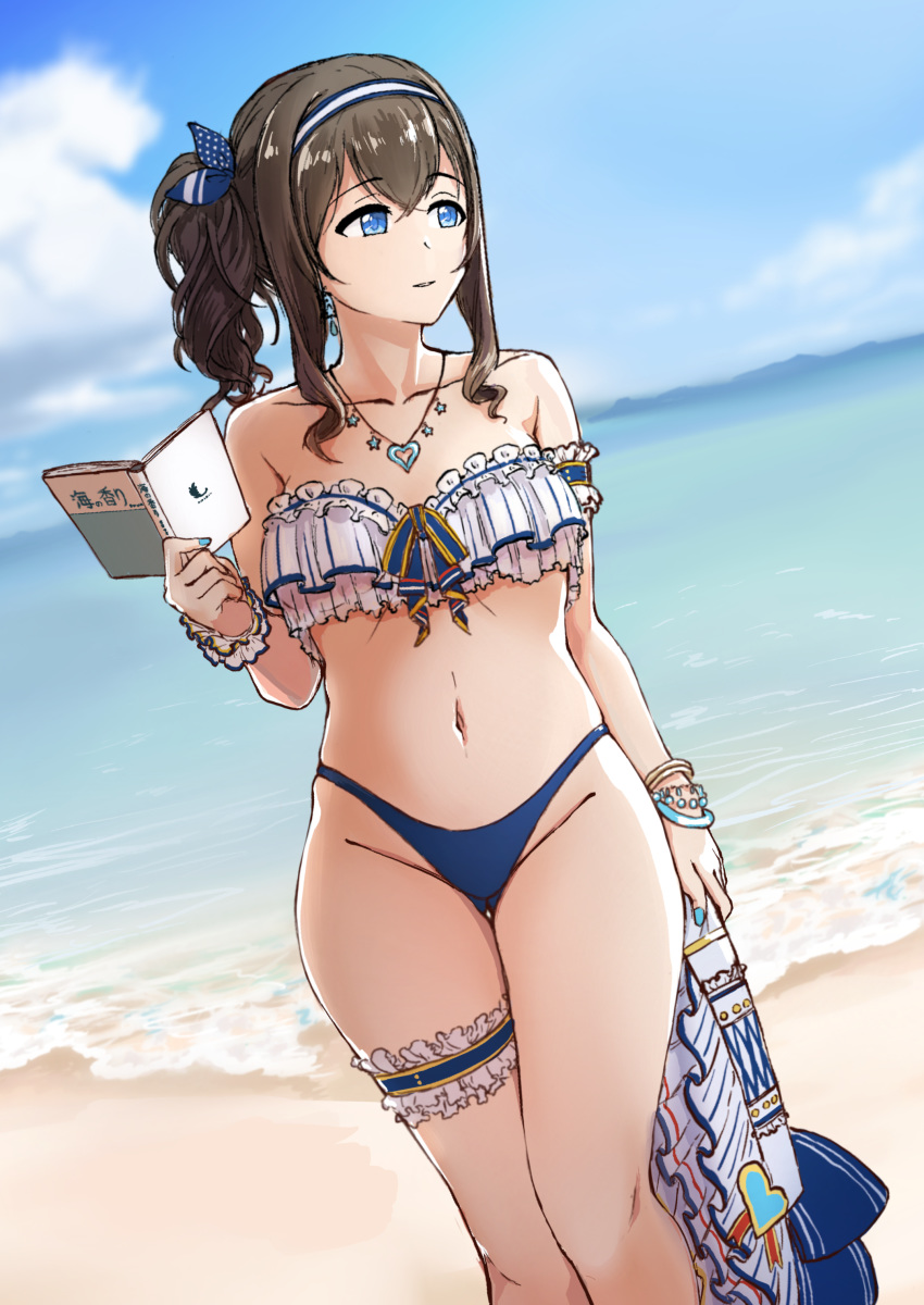1girl, absurdres, bangs, bare_shoulders, beach, bikini, blue_bikini, blue_eyes