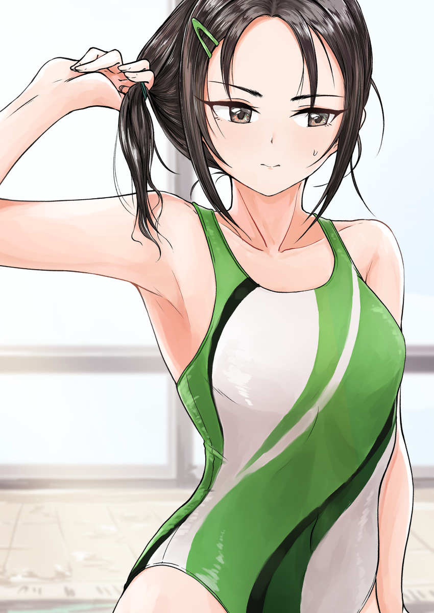 1girl, absurdres, armpits, bare_shoulders, breasts, brown_eyes, brown_hair, covered_navel, hair_ornament, highres, idolmaster, idolmaster_cinderella_girls, one-piece_swimsuit, pengwin, rookie_trainer, solo, swimsuit, trainer_(idolmaster)