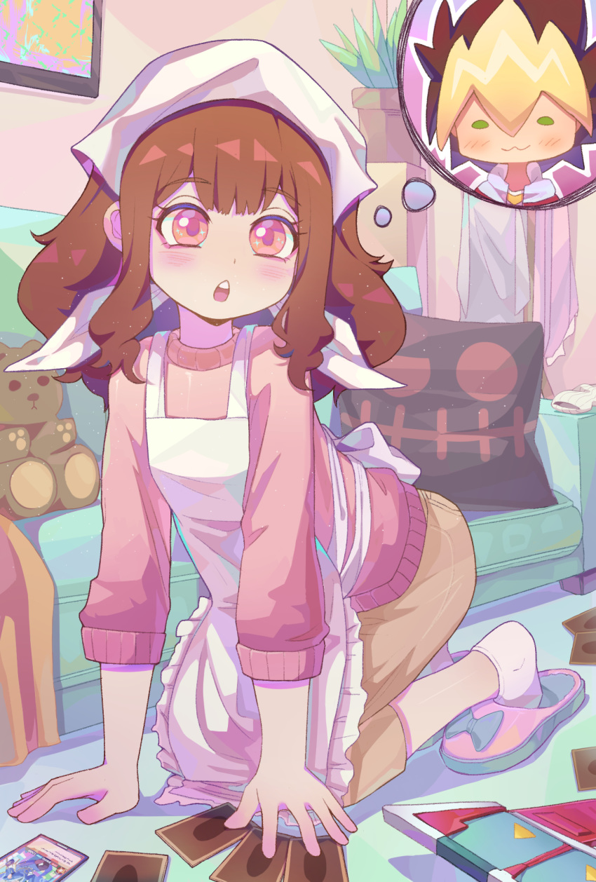 1girl, apron, atachi_mimi, brown_hair, couch, highres, indoors, kneeling