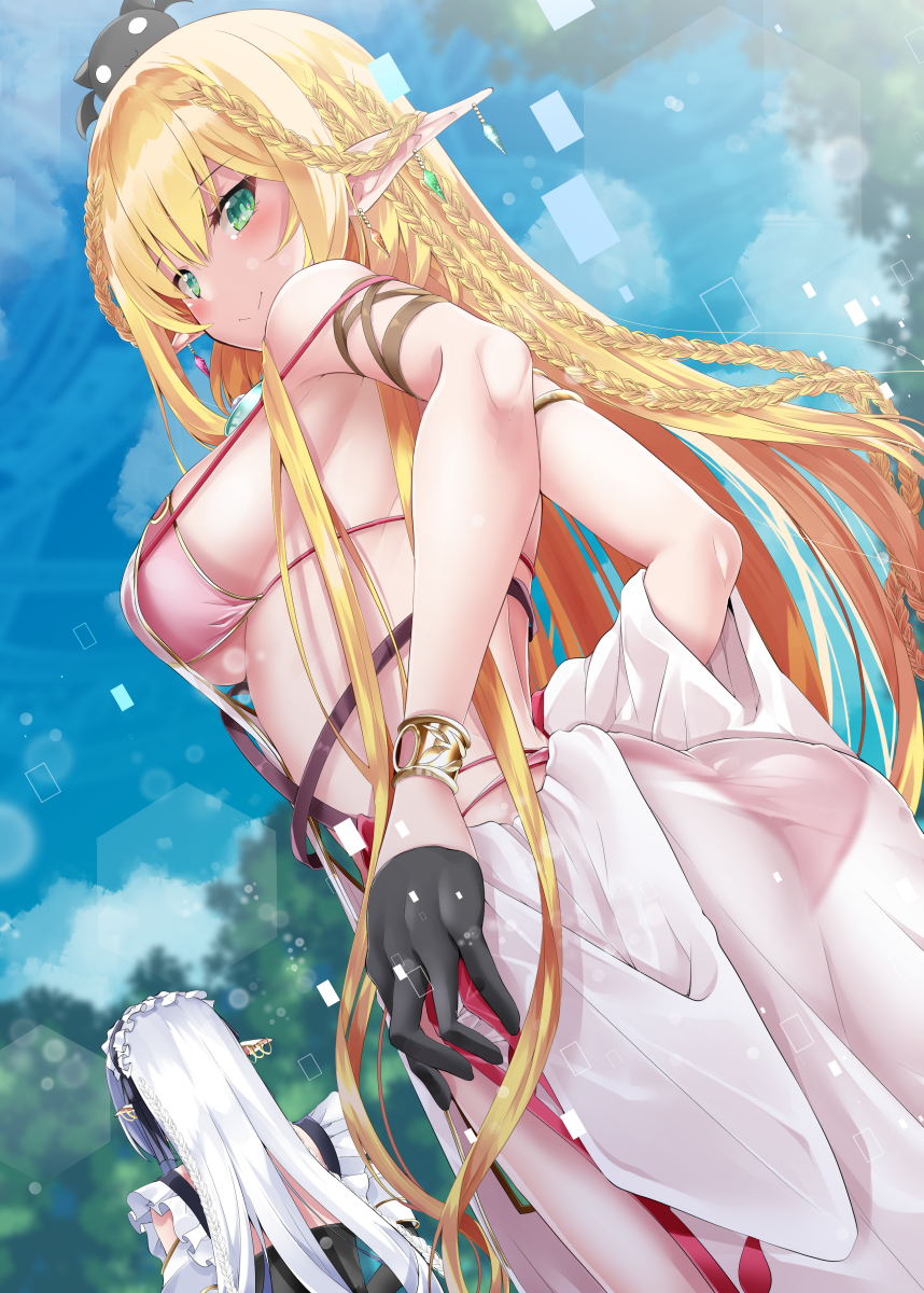 2girls, arm_strap, ass, bangs, bare_shoulders, bikini, black_gloves, blonde_hair