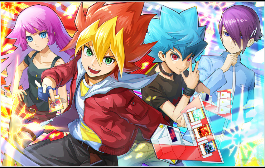 1girl, 3boys, belt, black_choker, black_pants, black_shirt, blonde_hair, blue_eyes