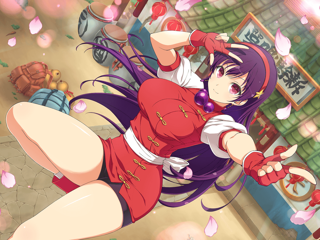 1girl, asamiya_athena, breasts, chinese_clothes, closed_mouth, earrings, fingerless_gloves, gloves, hairband, jewelry, large_breasts, long_hair, looking_at_viewer, minidress, official_art, petals, pink_eyes, purple_hair, red_gloves, red_hairband, sash, senran_kagura, senran_kagura_new_wave, short_sleeves, smile, solo, the_king_of_fighters, thighs, v, violet_eyes, white_sash, yaegashi_nan