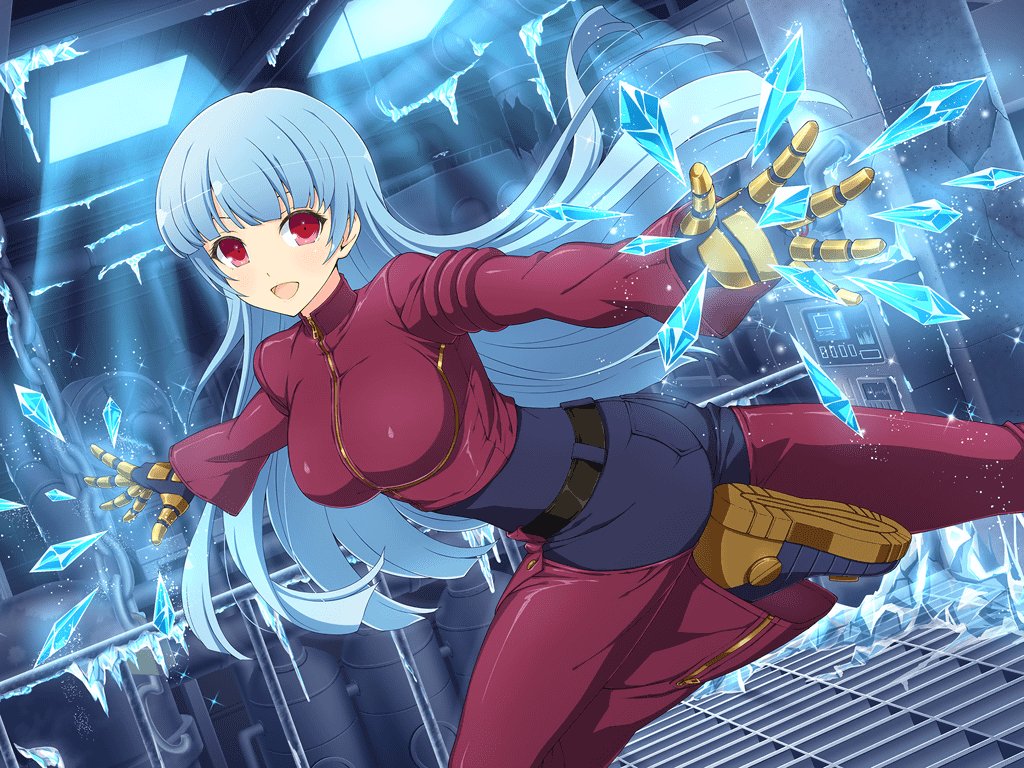 1girl, bangs, belt, blue_hair, bodysuit, breasts, factory, gloves