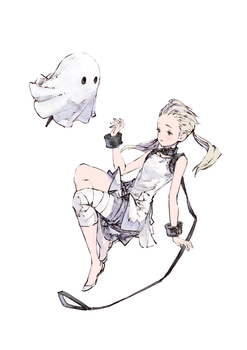 1girl, bandaged_leg, bandages, bare_shoulders, black_collar, blonde_hair, collar, dress