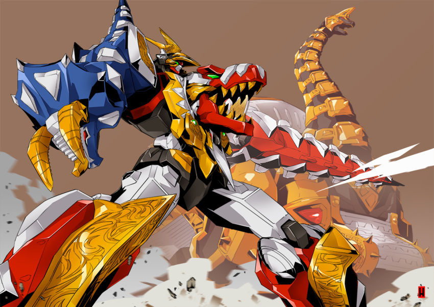 abarenoh, bakuryuu_brachiosaurus, bakuryuu_sentai_abaranger, brachiosaurus, dinosaur, green_eyes, harymachinegun, looking_ahead, mecha, no_humans, open_mouth, red_eyes, robot, solo_focus, super_sentai, tokusatsu