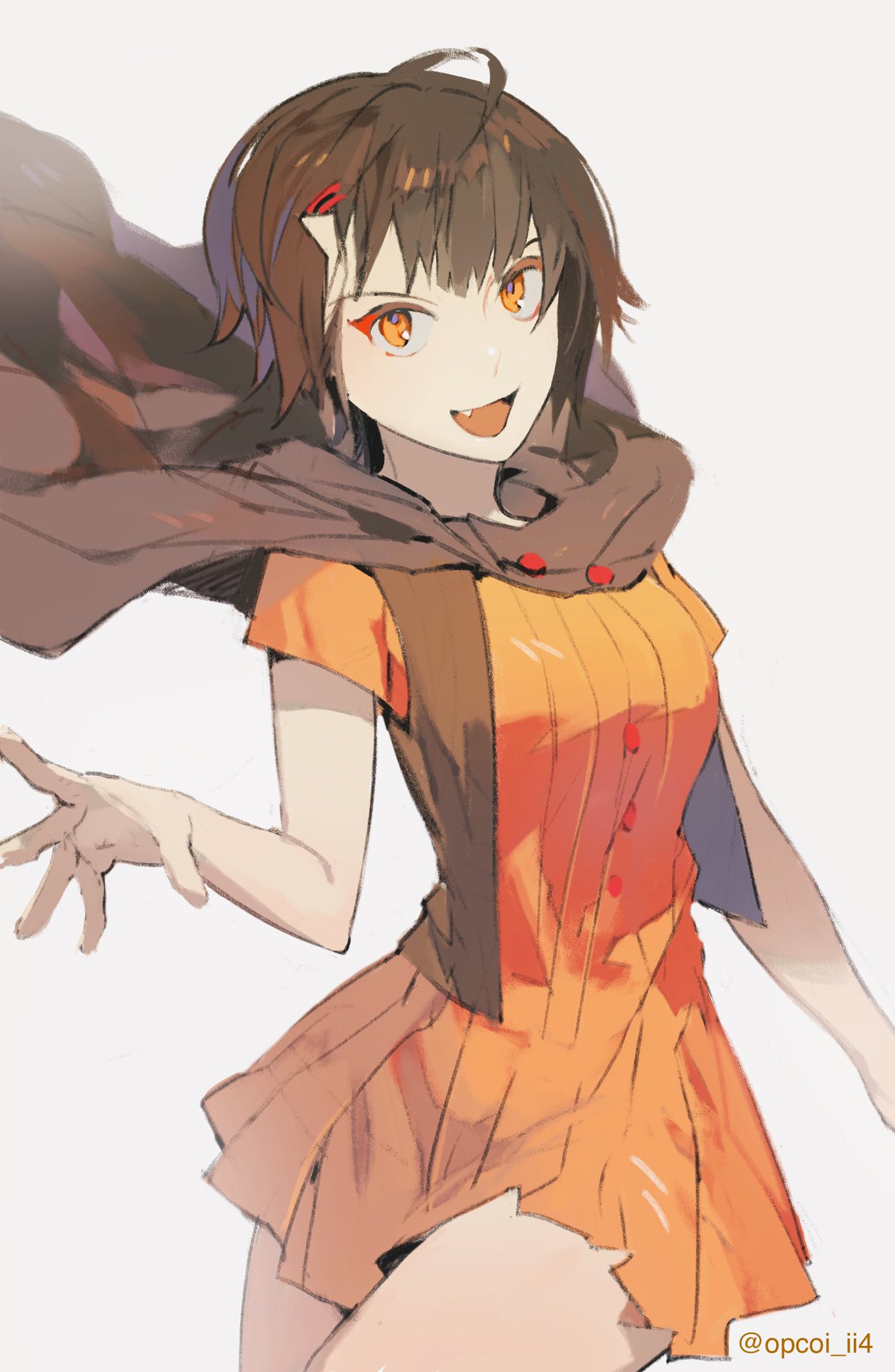 1girl, androssi_jahad, breasts, brown_cape, brown_hair, buttons, cape, colored_eyelashes