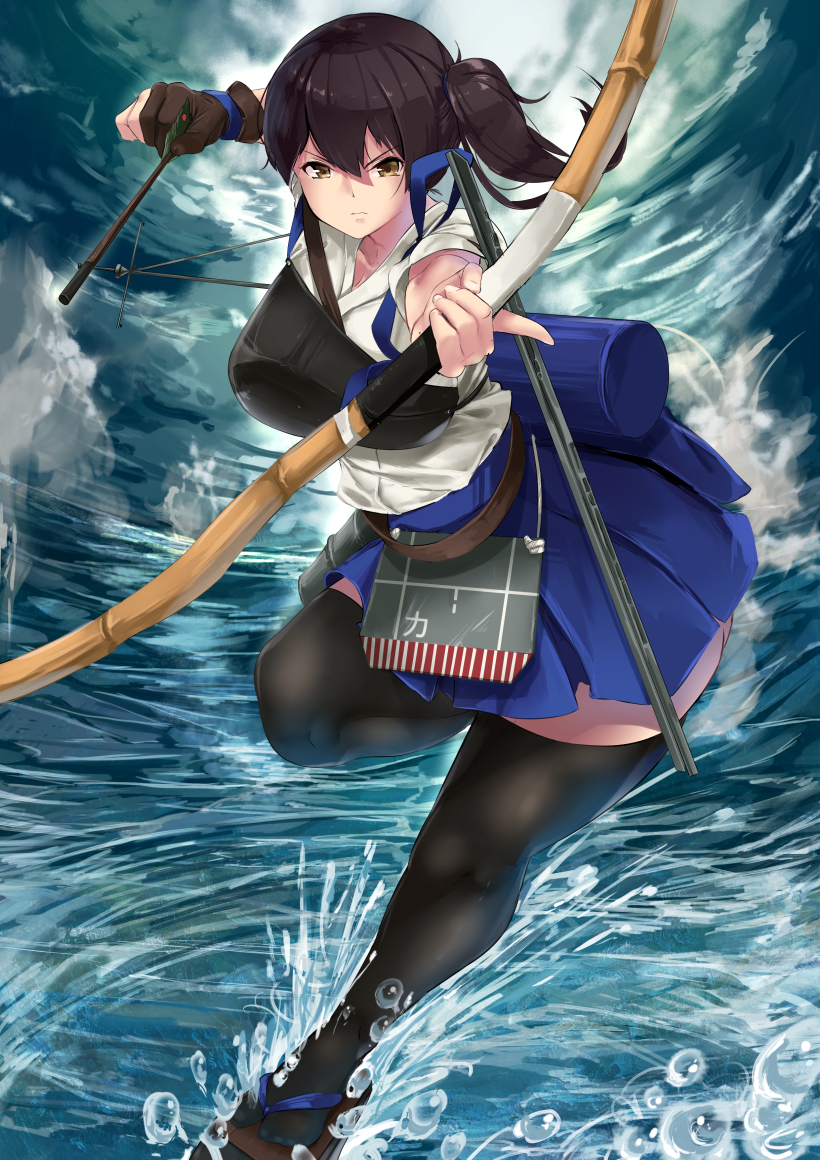 1girl, bangs, black_legwear, blue_hakama, bow_(weapon), breasts, brown_eyes, brown_hair