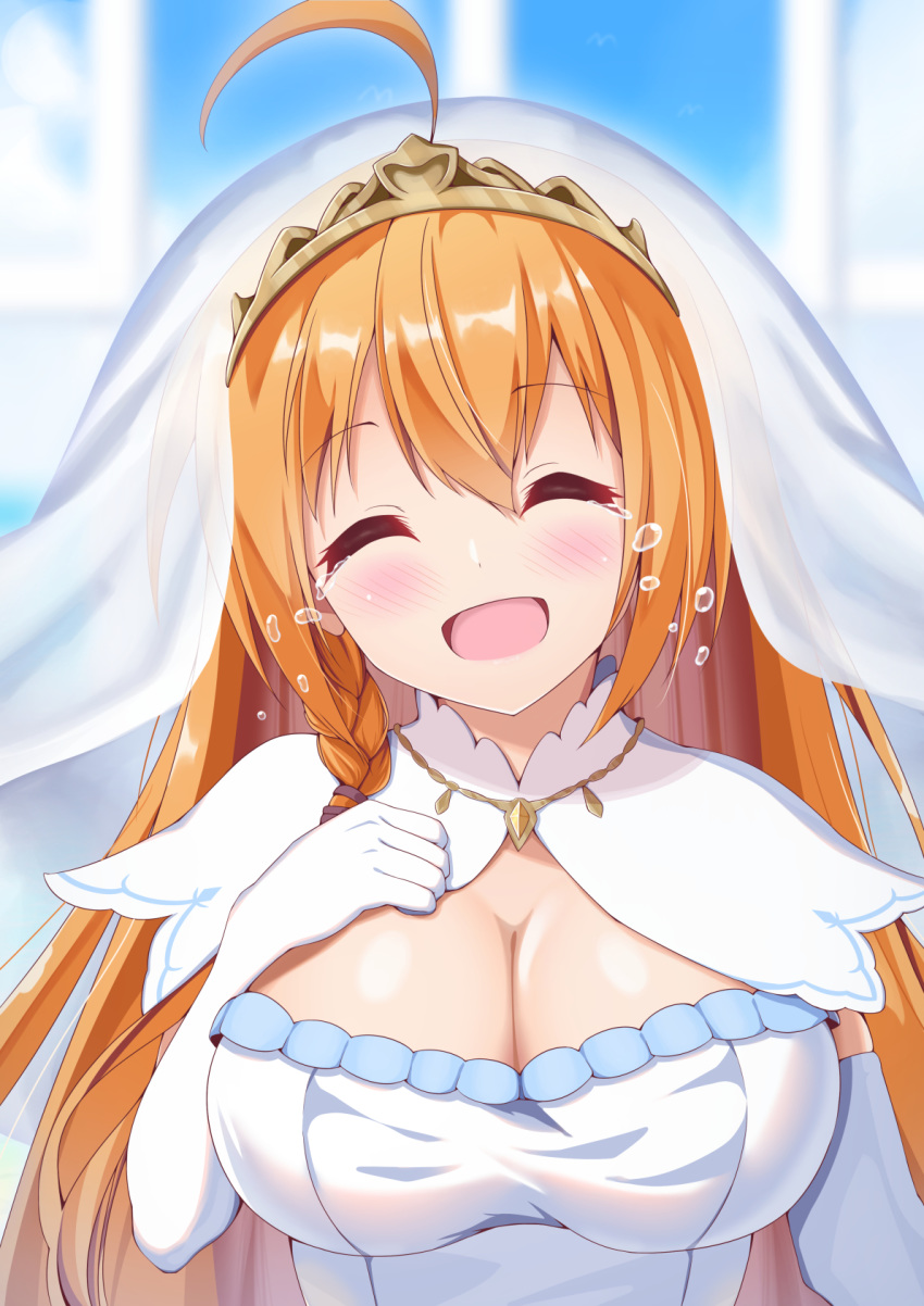 1girl, :d, ahoge, blue_sky, blurry, blurry_background, blush, braid