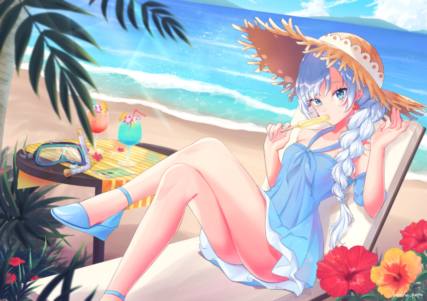 1girl, aqua_eyes, artist_name, bare_legs, bare_shoulders, beach, blue_footwear, blue_nails
