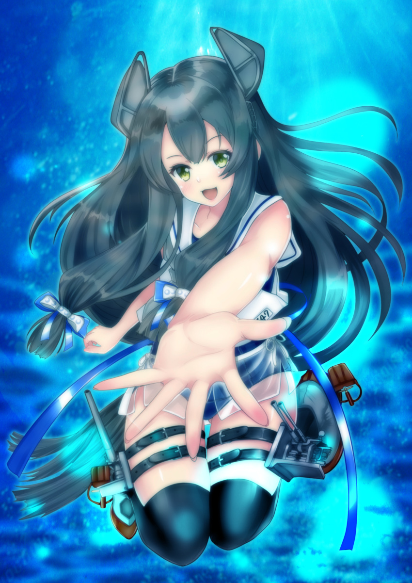1girl, absurdres, black_hair, black_legwear, blue_swimsuit, cannon, fire_maxs, green_eyes