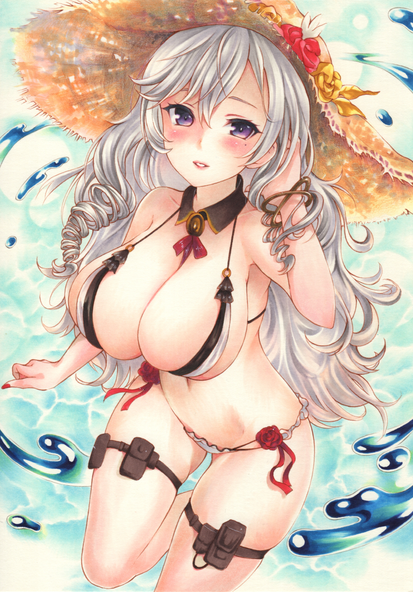 1girl, algerie_(azur_lane), algerie_(white_sand_angel)_(azur_lane), azur_lane, bikini, blush, breasts, brown_bikini