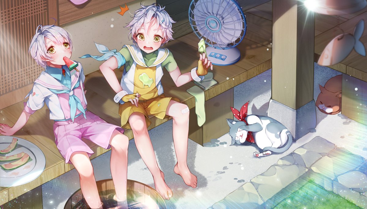 2boys, air_conditioner, barefoot, brothers, cat, double_scoop_(food_fantasy), fingerless_gloves, food