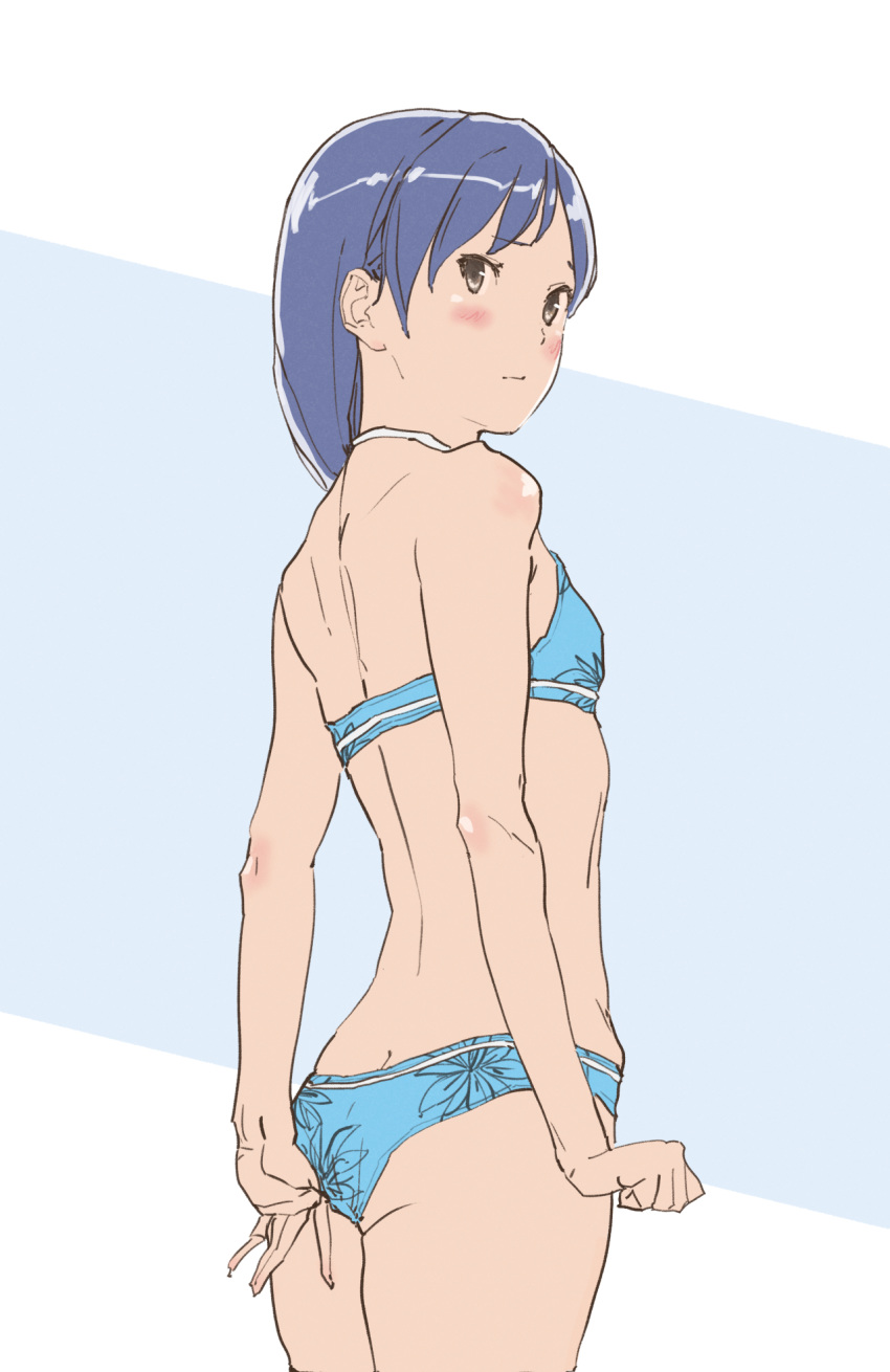1girl, adjusting_clothes, adjusting_swimsuit, ass, beauty_swimsuit_(idolmaster), blue_hair, blush, brown_eyes