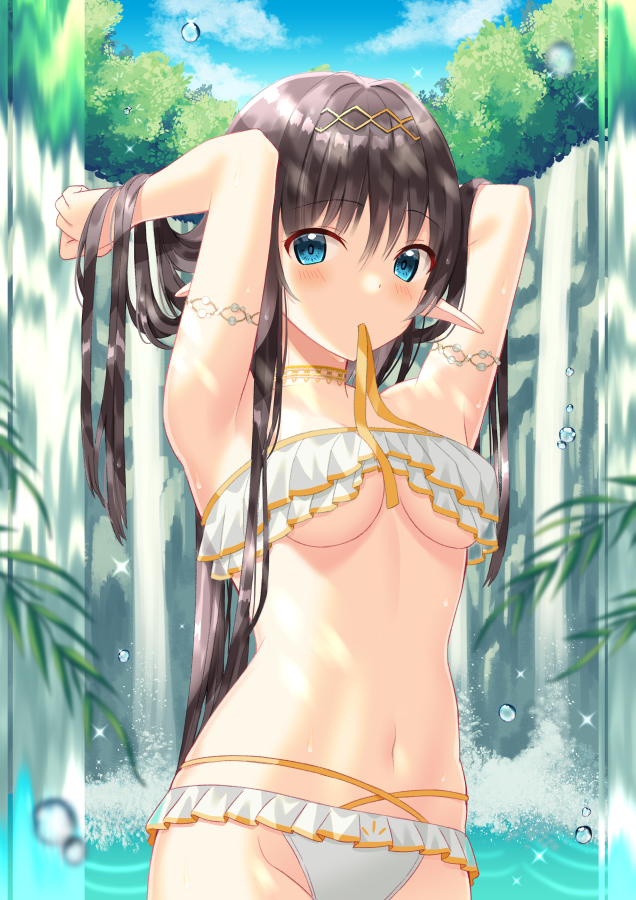 1girl, bikini, blue_eyes, blush, breasts, brown_hair, choker, droplets