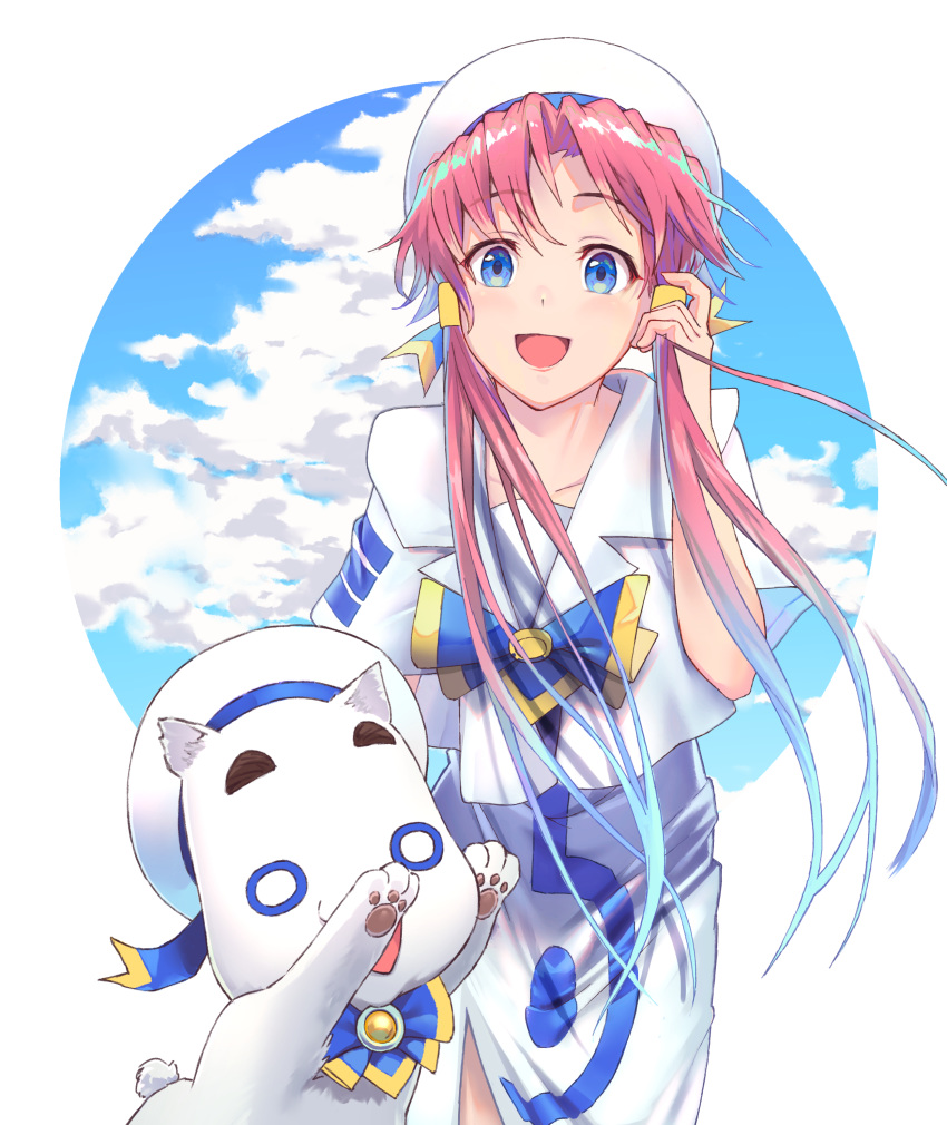 1girl, :d, a.k.a.zkin, absurdres, animal, aria, aria_company_uniform, aria_pokoteng, bangs, blouse, blue_eyes, blue_neckwear, blue_ribbon, blush, bow, bowtie, cat, cowboy_shot, dress, forehead, hair_intakes, hair_tubes, hat, hat_ribbon, highres, leaning_forward, leg_cutout, logo, long_dress, looking_at_viewer, mizunashi_akari, open_mouth, parted_bangs, pink_hair, ribbon, sailor_collar, sailor_hat, short_hair_with_long_locks, short_sleeves, side_slit, sidelocks, skin_tight, smile, solo, uniform, white_blouse, white_dress, white_footwear, white_headwear