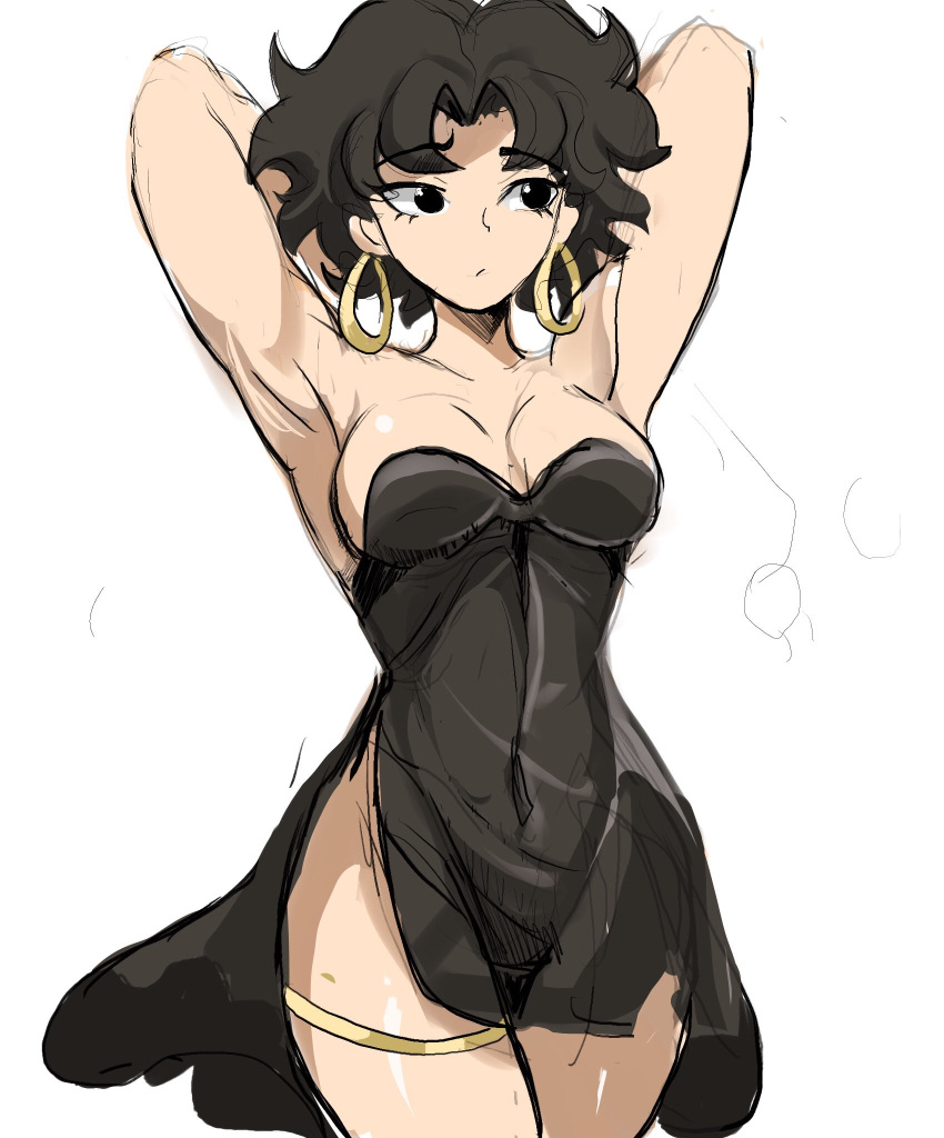 1girl, arms_behind_head, betty_boop, betty_boop_(character), black_dress, black_eyes, black_hair, breasts