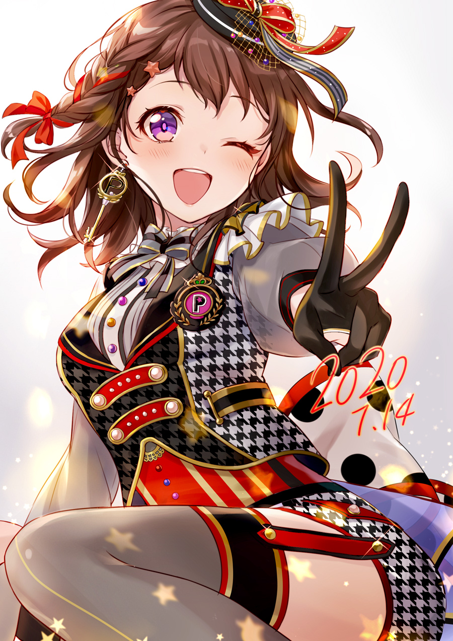2020, ;d, bang_dream!, bangs, black_gloves, bow, braid, brown_hair