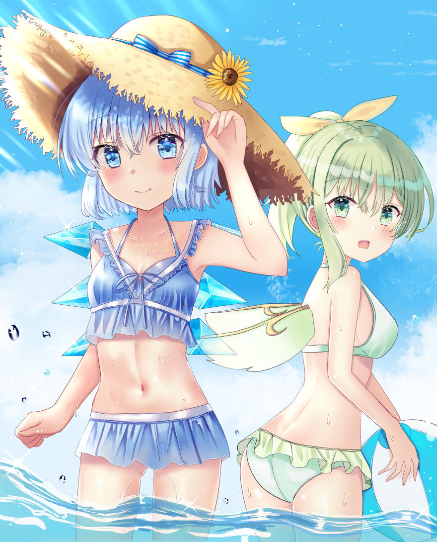 2girls, alternate_costume, arm_up, ass, ball, beachball, bikini, bikini_skirt