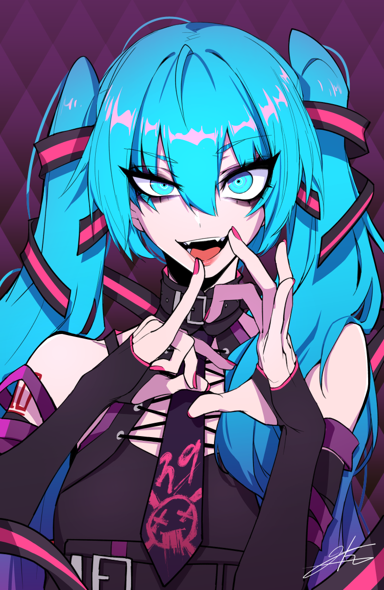 1girl, aqua_eyes, aqua_hair, choker, elbow_gloves, eyebrows_visible_through_hair, eyes_visible_through_hair, fangs