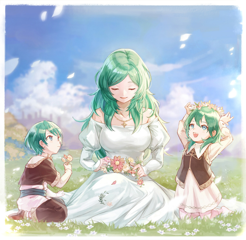 1boy, 23@5, 2girls, :d, arms_up, bangs, bare_shoulders, blue_eyes