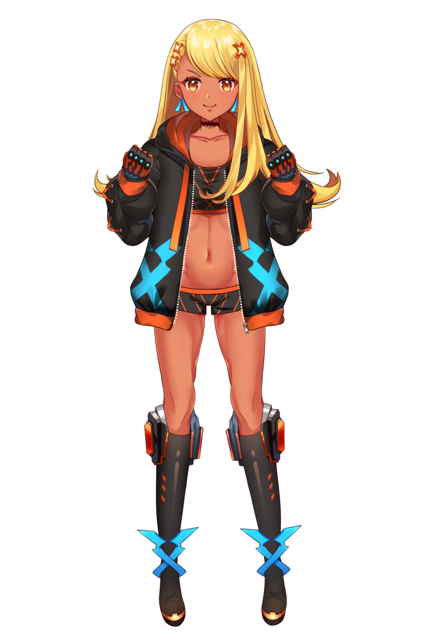 >:), 1girl, bangs, black_choker, black_footwear, black_gloves, black_jacket, black_shorts