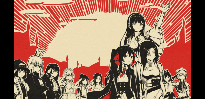 6+girls, anniversary, beret, camouflage_print, china_dress, chinese_clothes, chinese_commentary, commentary_request, country_connection, dress, girls_frontline, hanyang_type_88_(girls_frontline), hat, highres, maid, maid_headdress, military, military_uniform, multiple_girls, necktie, nrst, nz_75_(girls_frontline), official_art, qbu-88_(girls_frontline), qbz-95_(girls_frontline), qbz-97_(girls_frontline), salute, siblings, sisters, sunrise, type_63_assault_rifle_(girls_frontline), type_64_(girls_frontline), type_81_(girls_frontline), type_88_(girls_frontline), uniform