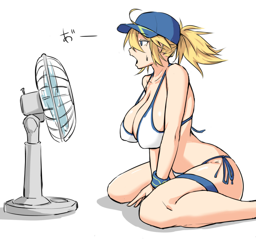 1girl, ahoge, artoria_pendragon_(all), bare_shoulders, baseball_cap, between_legs, bikini, blonde_hair, blue_eyes, blue_headwear, breasts, electric_fan, fate/grand_order, fate_(series), feet_out_of_frame, hair_between_eyes, hair_through_headwear, hand_between_legs, hat, large_breasts, mysterious_heroine_xx_(foreigner), nia_i, open_mouth, ponytail, side-tie_bikini, solo, sweatdrop, swimsuit, thigh_strap, white_background, white_bikini, wristband