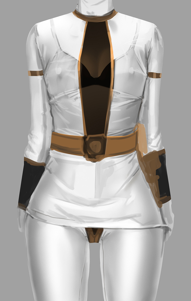 1girl, belt, bodysuit, bra, breasts, english_commentary, gloves, mugyaclan