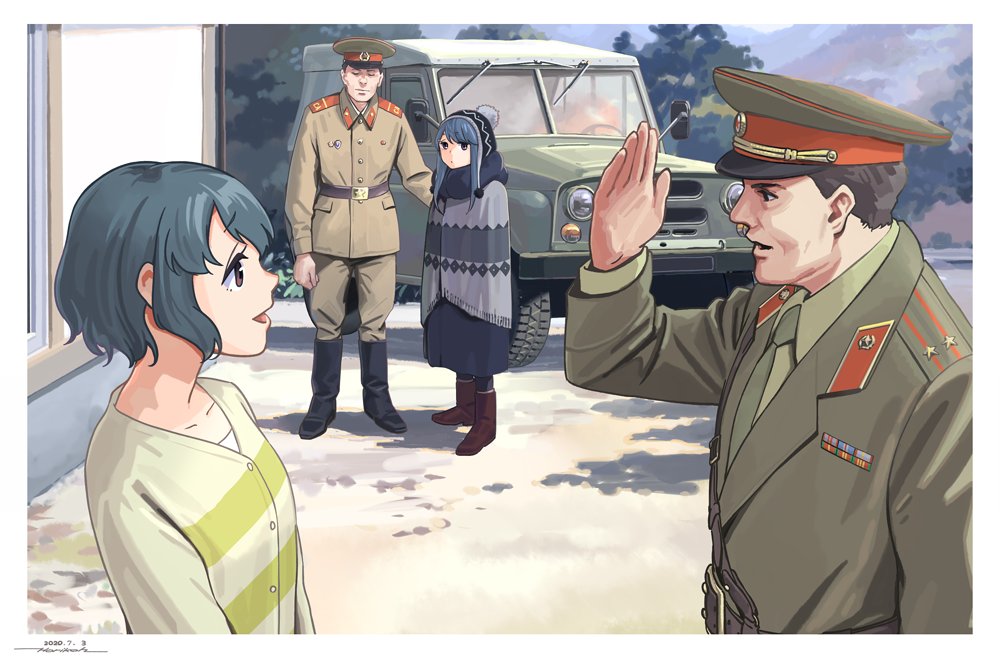 2boys, 2girls, :d, beanie, blue_hair, boots, border, brown_hair, car, dated, eye_contact, green_jacket, greyscale, ground_vehicle, hat, horikou, jacket, looking_at_another, military, military_hat, military_jacket, military_uniform, monochrome, motor_vehicle, multiple_boys, multiple_girls, open_mouth, outdoors, real_life, salute, shima_rin, shima_saki, signature, smile, soldier, soviet, soviet_army, uaz_469, uniform, violet_eyes, white_border, yurucamp