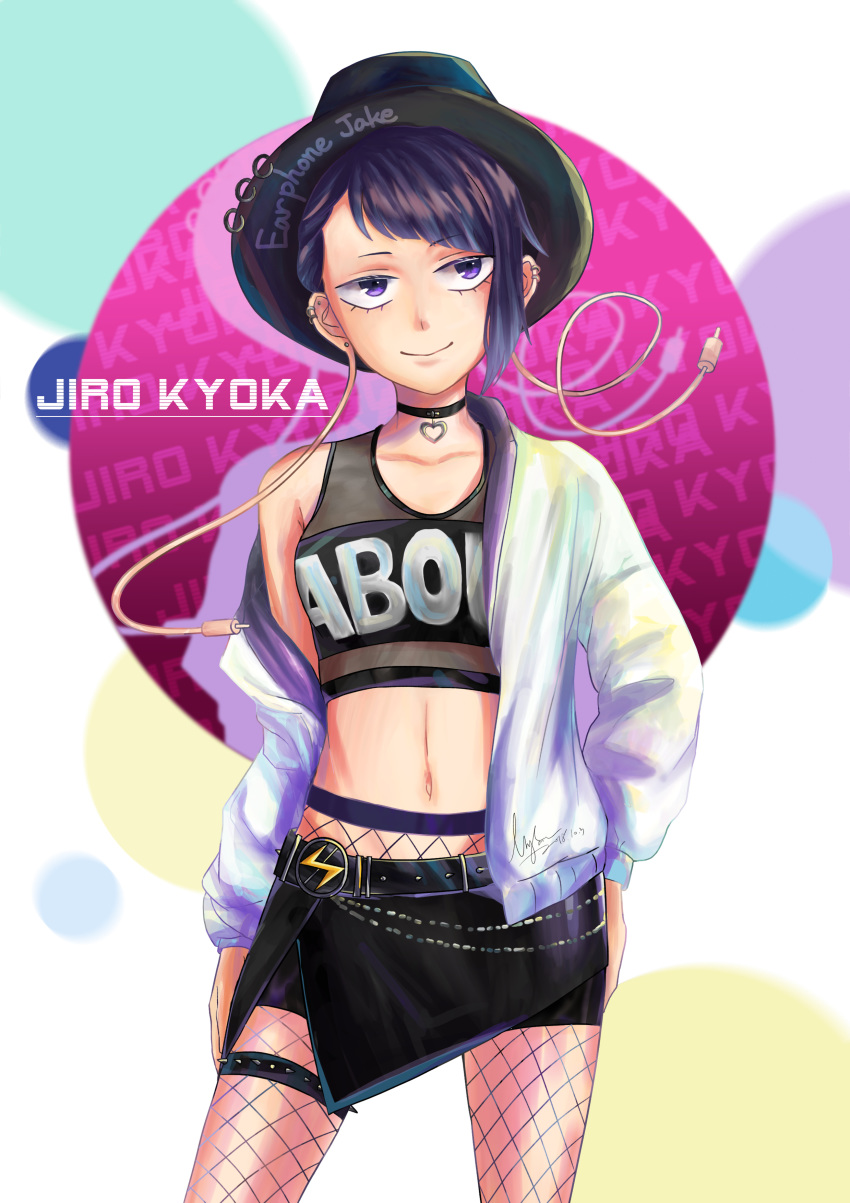1girl, absurdres, black_headwear, black_shirt, black_skirt, boku_no_hero_academia, character_name, earplugs