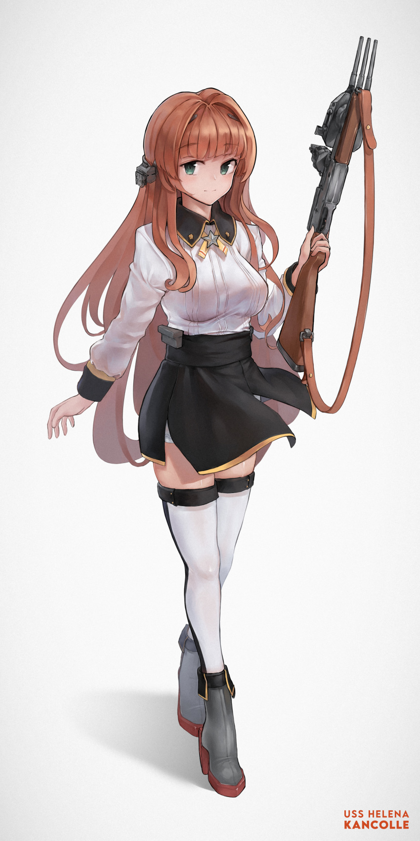 1girl, absurdres, black_skirt, breasts, brown_hair, browning_auto_5, character_name, chinese_commentary