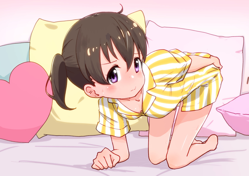 1girl, barefoot, black_hair, blush, breasts, closed_mouth, commentary_request, cushion