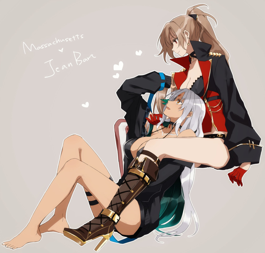 2girls, amazuki_jou, asymmetrical_footwear, azur_lane, barefoot, bikini, bikini_top, body_markings, bodypaint, center_opening, choker, earrings, facial_mark, feather_hair_ornament, feathers, forehead_mark, gloves, hair_feathers, half_gloves, highres, jacket, jean_bart_(azur_lane), jewelry, light_brown_hair, long_hair, massachusetts_(azur_lane), micro_shorts, multiple_girls, native_american, open_clothes, open_jacket, orange_eyes, ponytail, red_eyes, shorts, simple_background, single_knee_boot, swimsuit, white_hair, yuri