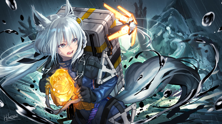 1girl, alternate_costume, animal_ear_fluff, animal_ears, artist_name, black_gloves, blue_eyes, blue_jacket