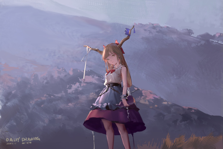 bangs, belt, blue_bow, blue_skirt, bow, brown_eyes, diao_(nrays), hair_bow