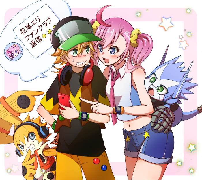 1girl, 3boys, :d, ahoge, appmon, asuka_torajirou, bangs, bare_shoulders