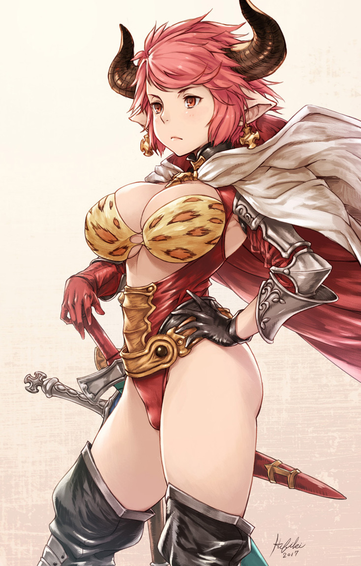 1girl, artist_name, asymmetrical_gloves, black_gloves, black_horns, black_legwear, breasts, cape
