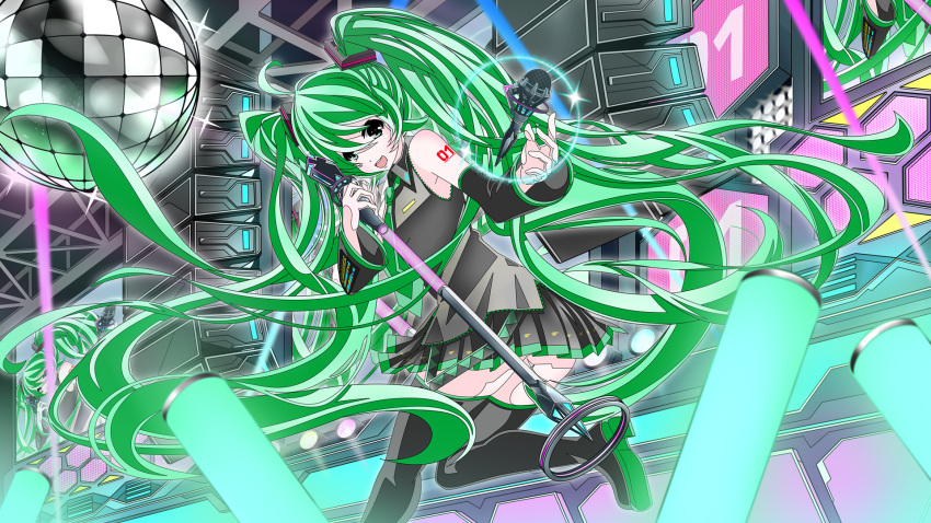 1girl, boots, green_eyes, green_hair, hatsune_miku, highres, mesh_kuroto, microphone, thigh-highs, thigh_boots, twintails, vocaloid