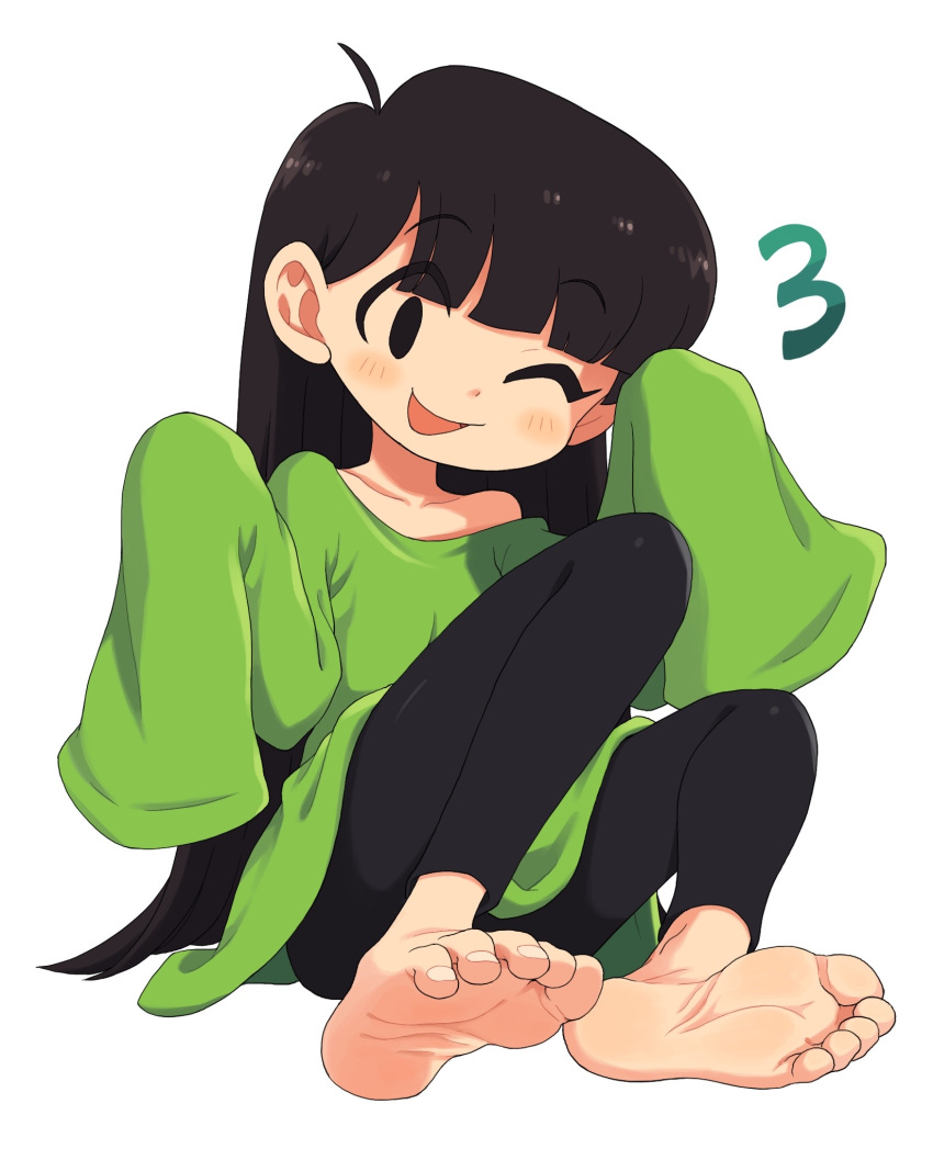 1girl, ahoge, barefoot, black_eyes, black_hair, black_pants, blush, child