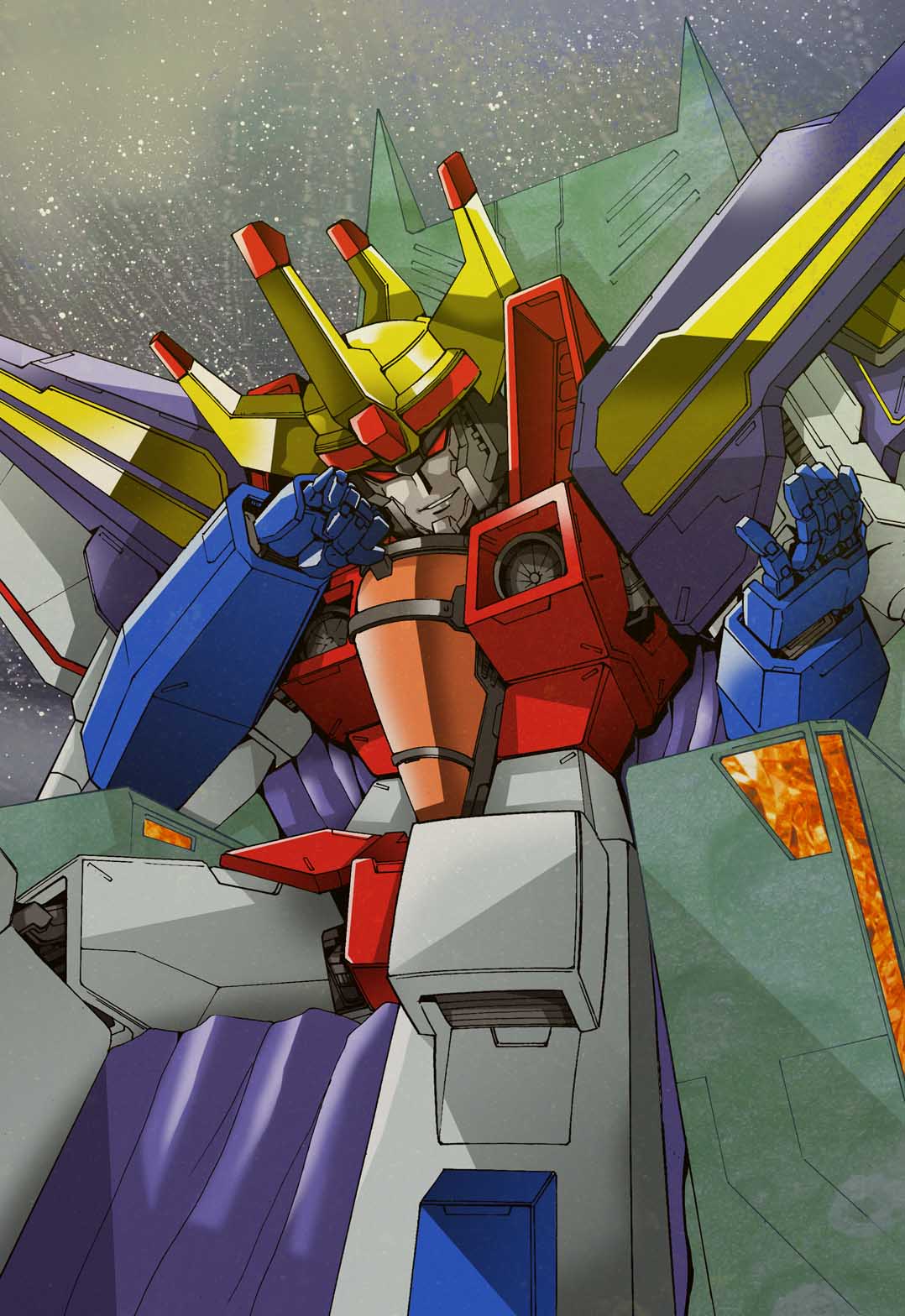 1boy, commentary, crown, decepticon, hand_on_own_face, highres, looking_down, mecha