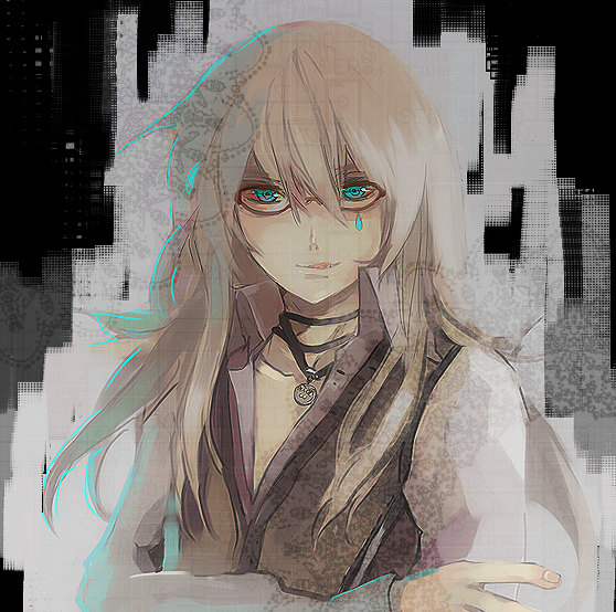 aqua_eyes, bad_id, blonde_hair, clown, glasses, jewelry, long_hair, nameco