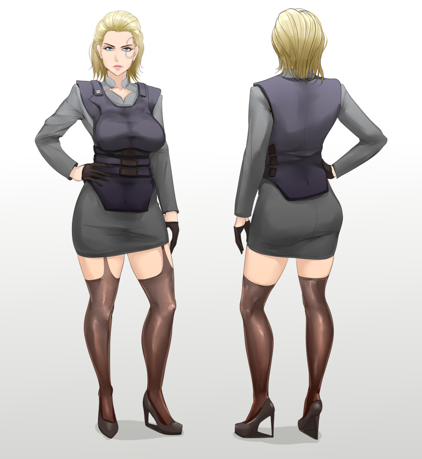 1girl, absurdres, ass, black_gloves, blonde_hair, blue_eyes, breasts, contrapposto