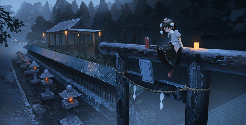 1girl, architecture, belt, black_eyes, black_legwear, black_neckwear, black_skirt, candle