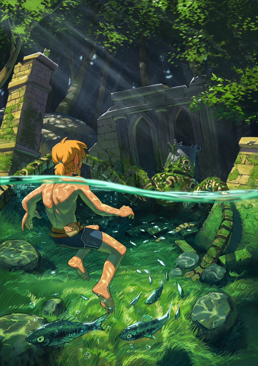1boy, ass, back, bag, barefoot, belt, blonde_hair, blue_shorts, brick, brown_bag, brown_belt, bubble, caustics, commentary, earrings, english_commentary, fish, forest, from_behind, grass, guardian_(breath_of_the_wild), hair_tie, highres, jewelry, light_rays, link, looking_at_another, malin_falch, moss, nature, outdoors, outstretched_arms, partially_submerged, partially_underwater_shot, plant, pointy_ears, ponytail, rock, ruins, shade, short_hair, shorts, sidelocks, soles, sunbeam, sunlight, swimming, the_legend_of_zelda, the_legend_of_zelda:_breath_of_the_wild, thighs, toes, toned, topless, tree, tree_shade