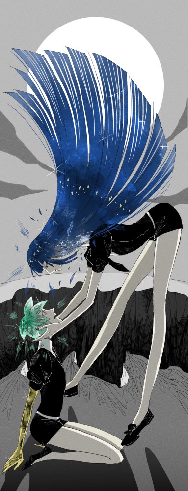 2others, androgynous, black_neckwear, black_shorts, collared_shirt, crystal_hair, eye_contact, full_body